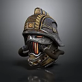 Futuristic Combat Helmet Design With Metal Frame Gold Accents And Breathing Tubes