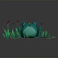 Green Frog on Lily Pad with Lotus Flowers and Aquatic Plants in Water Area