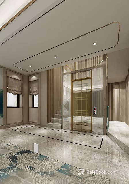 Modern Elevator Hallway with Wooden Panels Glass Door Staircase and Marble Floor 3d model 