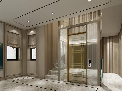 Modern Elevator Hallway with Wooden Panels Glass Door Staircase and Marble Floor 3d model