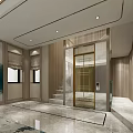 Modern Elevator Hallway with Wooden Panels Glass Door Staircase and Marble Floor