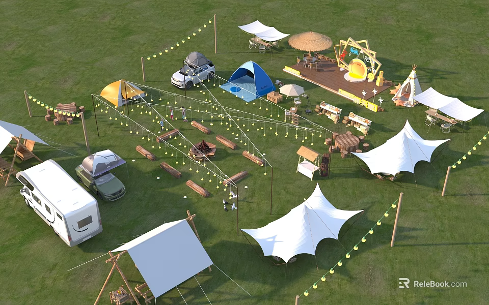 Garden Landscape Featuring Green Grass Tents Camper Vans String Lights Wooden Furniture And Camping Facilities 3d model 