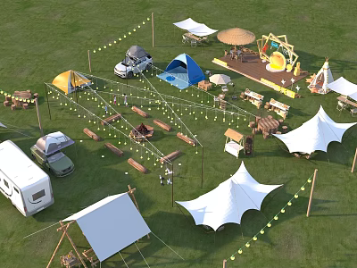 Garden Landscape Featuring Green Grass Tents Camper Vans String Lights Wooden Furniture And Camping Facilities 3d model