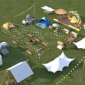 Garden Landscape Featuring Green Grass Tents Camper Vans String Lights Wooden Furniture And Camping Facilities