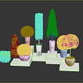 Decorative Trees in White Pots on White Cube Pedestals Against Dark Background Modern