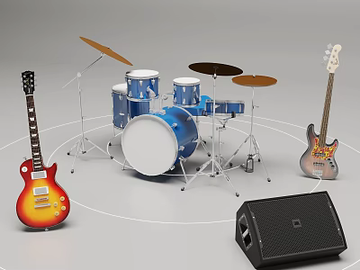 Colorful Musical Instruments Collection Featuring Blue Drum Set Red Electric Guitar Silver Bass And Speaker 3d model