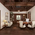Spacious Conference Room with Long Table Wooden Ceiling Chandeliers and Decorative Paintings