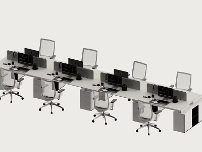 Modern Office Desk Arrangement With Multiple Workstations Computer Monitors And Office Chairs 3d model