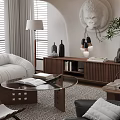 Modern Living Dining Room Interior With White Sofa Round Coffee Tables Sculpture Plants And Blinds