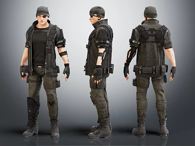 Tactical Military Character With Detailed Gear And Three Full Body Angles 3d model