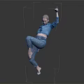 Dynamic Woman Dancing With Lifted Leg Raised Hand in Blue Top Patterned Pants Against Gray Background