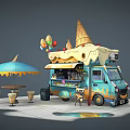 Cartoon Ice Cream Truck Scene With Colorful Umbrella Tables Chairs And Balloons