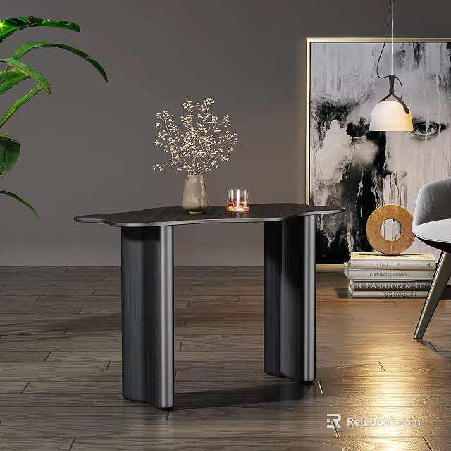Modern Black Side Table with Vase White Flowers Candles and Abstract Painting 3d model 