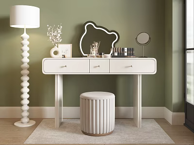 Modern White Vanity Table With Green Wall Mirror Drawers Floor Lamp And Stool 3d model