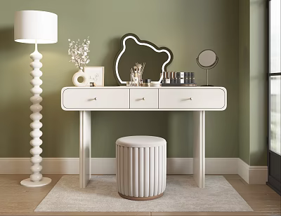 Modern White Vanity Table With Green Wall Mirror Drawers Floor Lamp And Stool 3d model