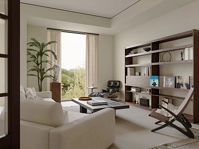 Cozy Living Room Interior With Light Sofa Wooden Bookshelf Green Plant And Large Window 3d model