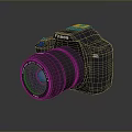 Canon Camera As Electronic Appliance With Black Body And Purple Lens Reflection