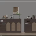 Wooden Sideboards With Rattan Doors Books Table Lamp And Potted Plant