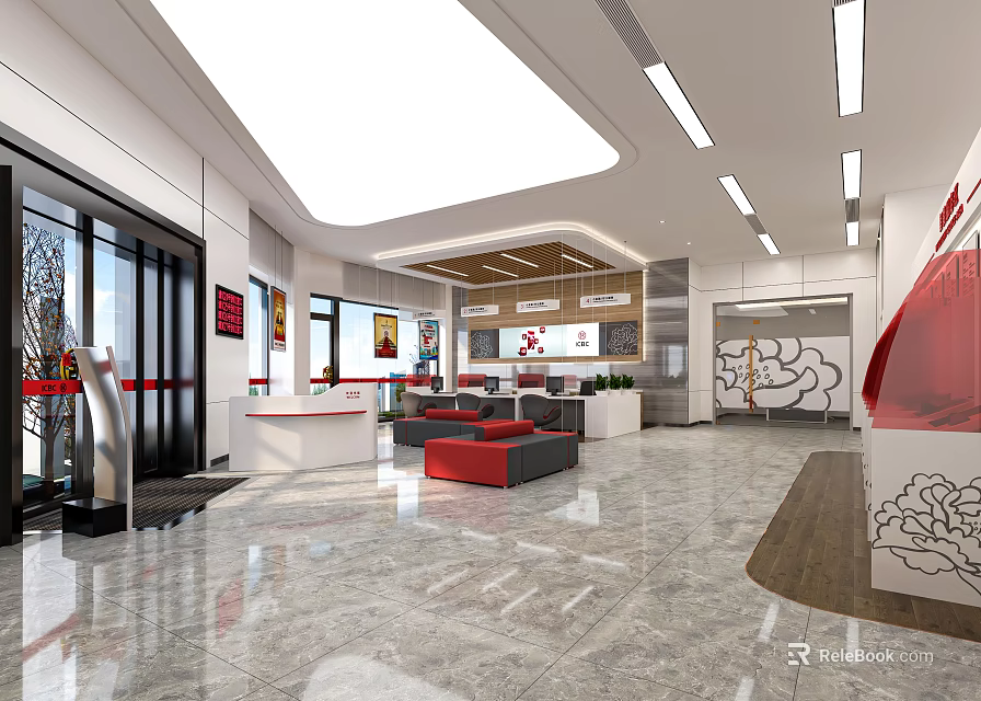 Spacious Public Service Hall Interior With Reception Desk And Waiting Area 3d model 