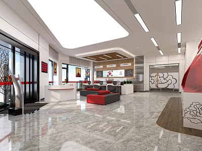 Spacious Public Service Hall Interior With Reception Desk And Waiting Area 3d model