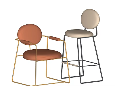 Modern Minimalist Orange and Beige Metal Frame Accent Chairs with Armrest and Backrest 3d model