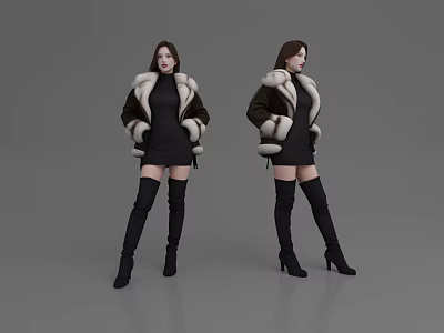 Women In Black Dresses With Fur Collar Coats And Over The Knee Boots Posing 3d model
