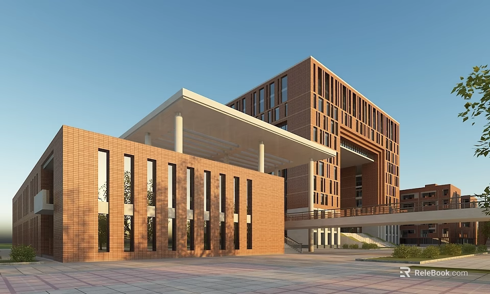 Modern School Building Red Brick Exterior With Large Windows Connecting Walkway Front Plaza Campus Setting 3d model 