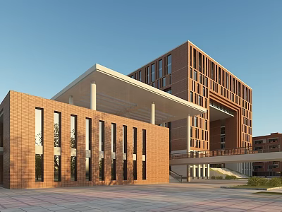 Modern School Building Red Brick Exterior With Large Windows Connecting Walkway Front Plaza Campus Setting 3d model