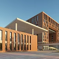 Modern School Building Red Brick Exterior With Large Windows Connecting Walkway Front Plaza Campus Setting