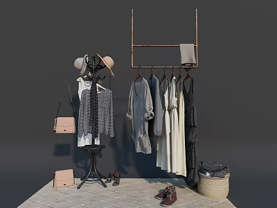 Clothes Hanger Display With Hanging Dresses Shirts Hats And Matching Bags Shoes Basket 3d model