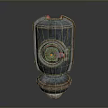 Retro Sci Fi Mechanical Device With Blue Red Accents Circular Center And Stable Base