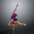 Woman Performing Ballet Dance With Purple Skirt Leaning Forward On Gray Background