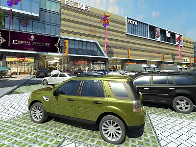 Modern Commercial Street With Shopping Mall Parked Cars And Colorful Balloons 3d model