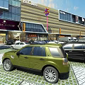 Modern Commercial Street With Shopping Mall Parked Cars And Colorful Balloons