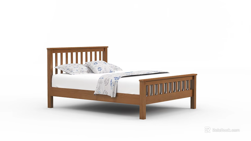 Wooden Double Bed With Slatted Headboard Patterned Pillows And Blanket 3d model