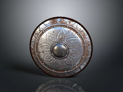 Vintage Round Metal Shield Featuring Decorative Pattern Rustic Rim And Central Boss 3d model