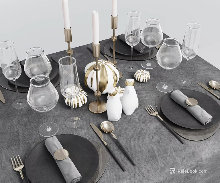 Elegant Modern Table Setting With Dinner Plates Cutlery Wine Glasses And Decorative Candle Holders 3d model 