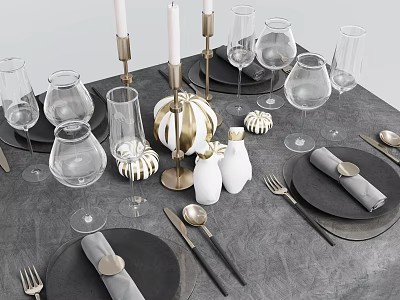 Elegant Modern Table Setting With Dinner Plates Cutlery Wine Glasses And Decorative Candle Holders 3d model