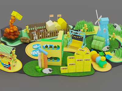 Colorful Children's Interactive Area With Windmill Fence Hay Bales Sheep Balloons And Green Grass 3d model