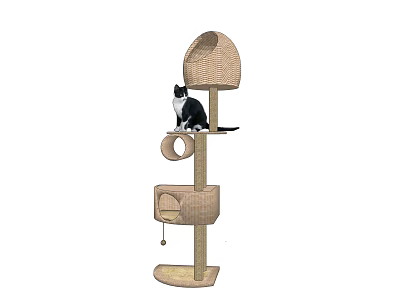 Cat Perched On Multi Level Cat Tree Featuring Cozy Nests Scratching Post And Hanging Toy 3d model