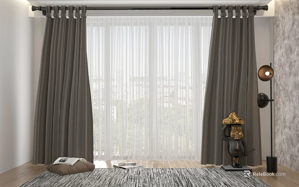Dark Thick Curtains With White Sheer Panels For Living Room Window Decor 3d model 