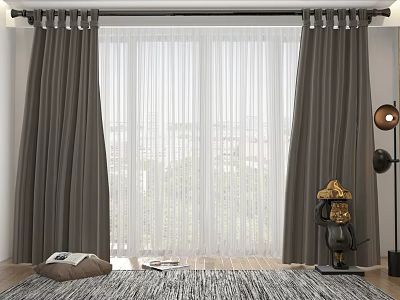 Dark Thick Curtains With White Sheer Panels For Living Room Window Decor 3d model