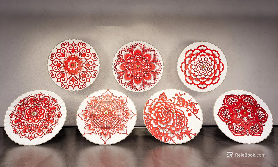 Round Red White Decorative Plates With Intricate Floral Patterns For Wall Decor 3d model 