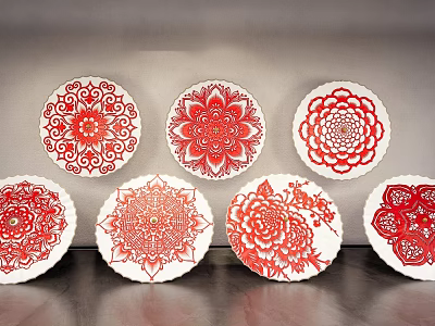 Round Red White Decorative Plates With Intricate Floral Patterns For Wall Decor 3d model