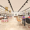 Luxurious Boutique Interior With Shelves Displaying Bags Golden Tables Marble Floor And Spotlights