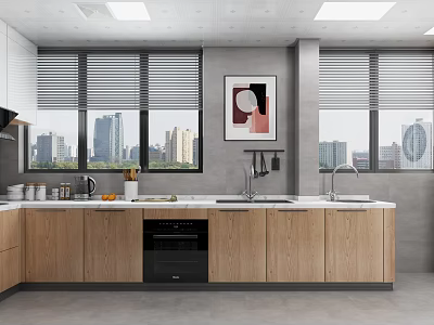 Modern Kitchen Interior Design With Wooden Cabinets Cityscape Windows Blinds And Decorative Painting 3d model