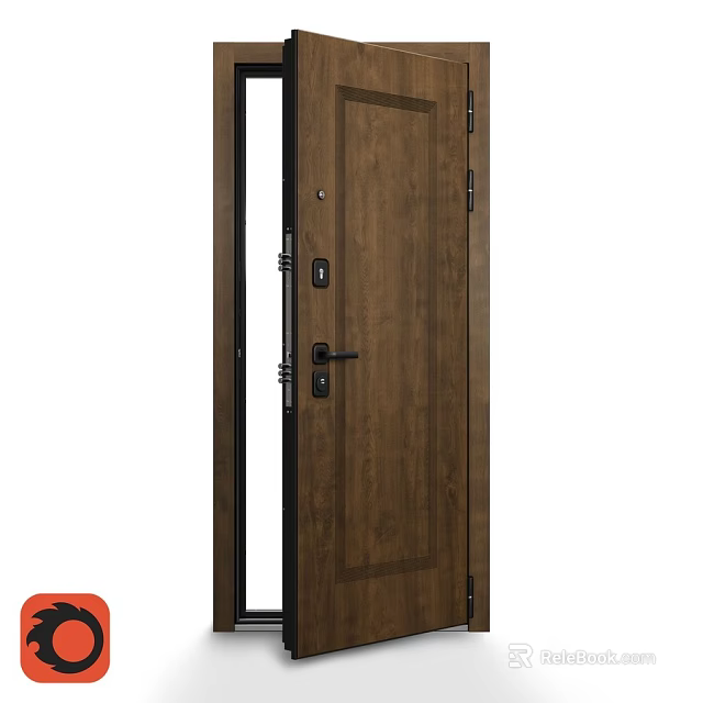 Brown Wooden Swing Door With Glass Insert Door Lock And Hinges 3d model 