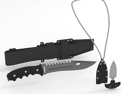 Tactical Survival Knife With Black Handle Serrated Blade Sheath And Necklace Pendant Tool 3d model
