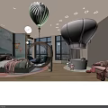 Kids Hotel Guest Room With Hot Air Balloon Decor Mural Bed Pendant Lights And Rug