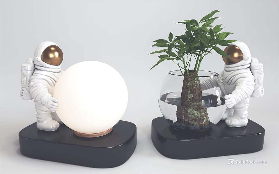 Astronaut Ornament Decoration Set With Globe Lamp Glass Vase And Green Plant 3d model 